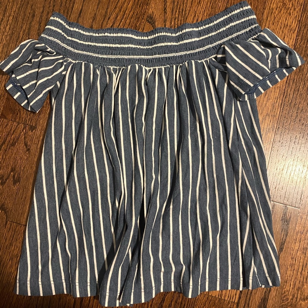Navy blue and white striped off the shoulder top